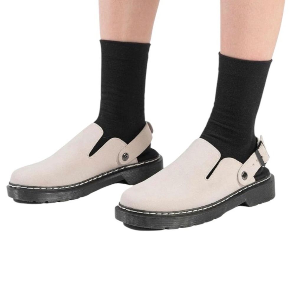 SCQTL Beige Slip-On Mules Shoes‎ Women's 7.5/38 Black Strap Casual Loafers Flat
